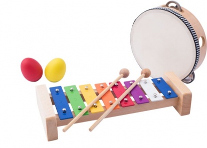Woody Muzikálny set xylofón tamburina bubienok triangel 2 maracas vajíčka