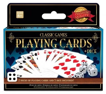 Klasické hry - 2 balíčky hracích kariet a 5 kociek